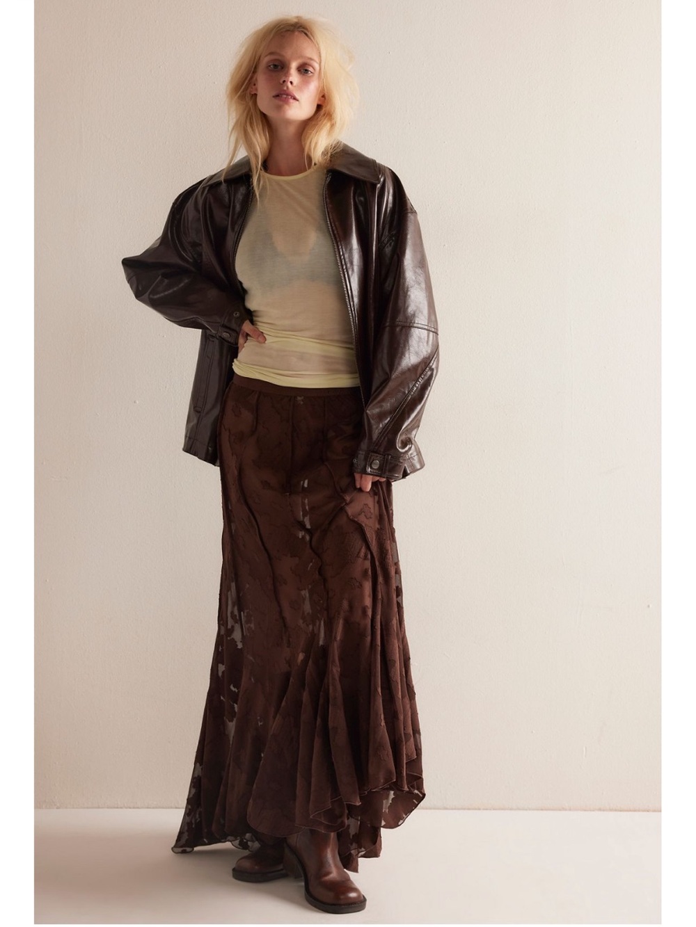 NWOT Free People Maybe Baby Chicory Coffee Brown Sheer Maxi Skirt L - Picture 2 of 3